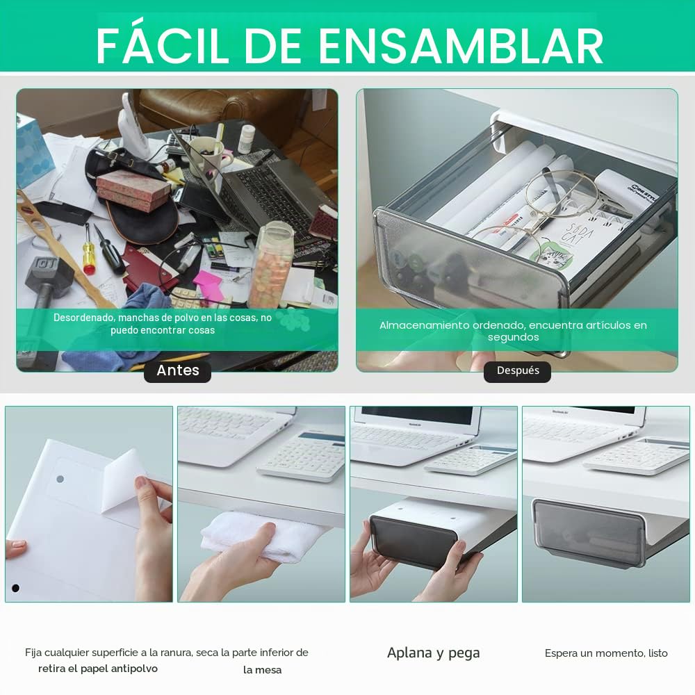 2 Cajones para Debajo de Escritoriode 20 x 17 x 7,2 cm Cajones para Debajo de Mesa con Cintas Adhesivas Organizador de Cajones para Debajo del Escritorio para Guardar Cosas Pequeñas
