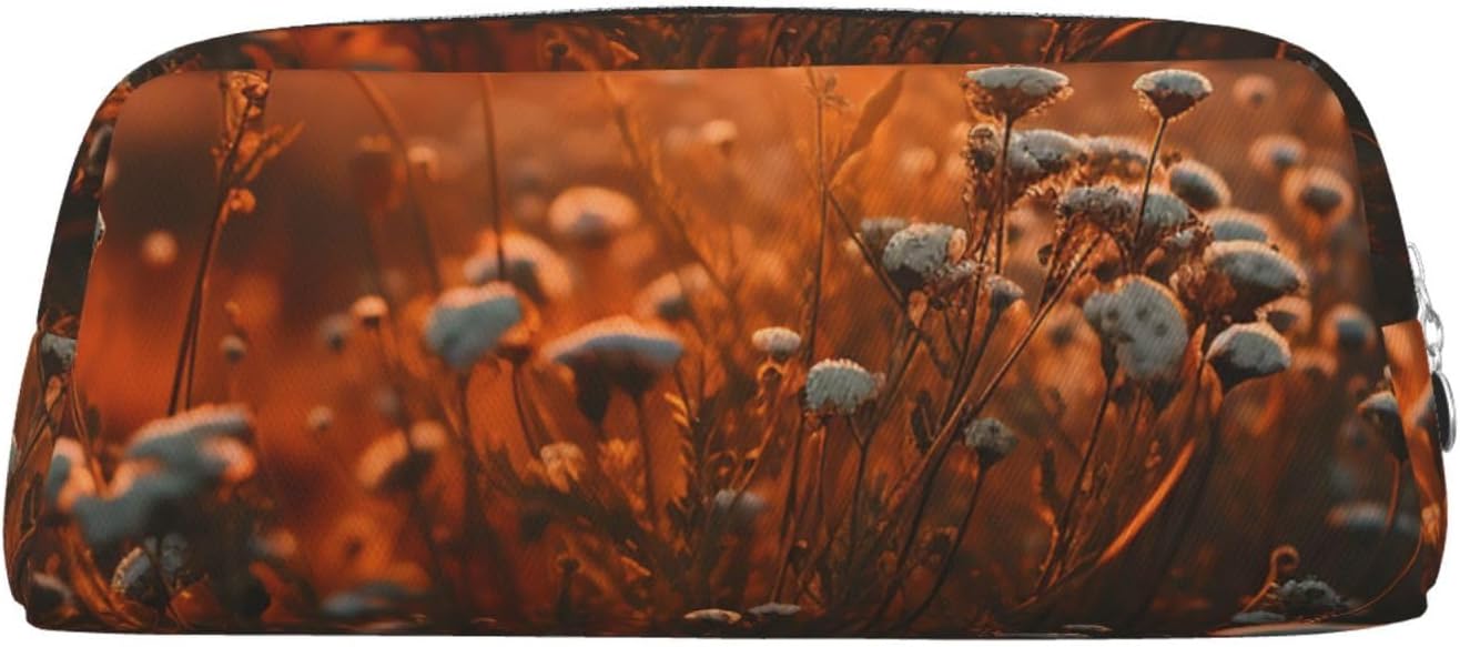 Leather Makeup Bag for Purse Travel Portable Small Pencil Bags for Women Men Flowers in the sunset Cosmetic Bag with Zipper Pencil Pouch Aesthetic Coin Pouch Adults Desk Organizer
