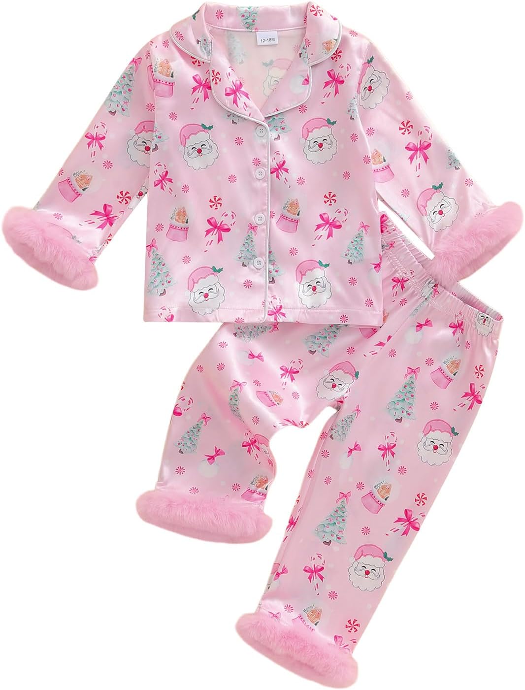 Kuriozud Kids Toddler Girl Satin Pajamas Fuzzy Trim Long Sleeve Button Down Shirt Top and Pants 2pcs Pjs Sets Sleepwear