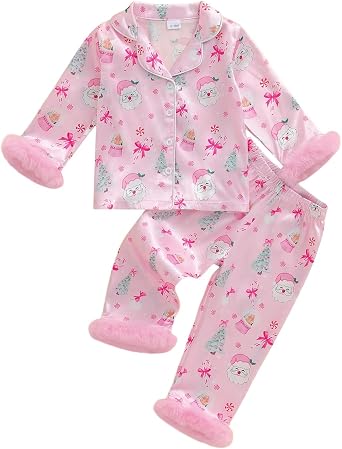 Kuriozud Kids Toddler Girl Pajamas Fuzzy Trim Button Down Shirt Pants 1-7Y | Kids Toddler Girl PJS Set for Daily, Brithday, Halloween, Christmas, New Years, Valentines, St. Patricks Day, Easter 1-7Y