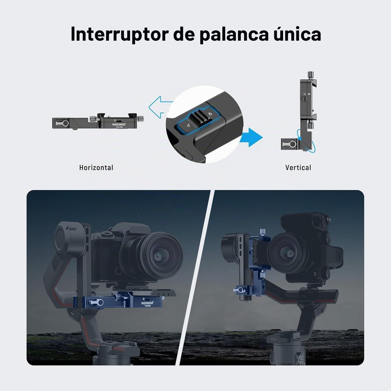 NEEWER RS4/RS3 Montura Cámara,Compatible con dji Ronin RS 4 3 2 Pro Gimbal Stabilizer,1s Cambio Rápido Vertical Horizontal Anticaída Rotación 180°,Clamp on Base para Youtube TikTok Vlog Video,CA108