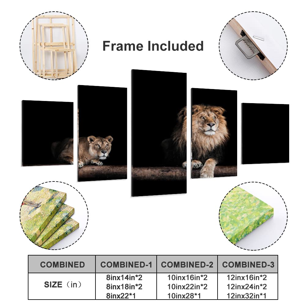 RAPSANI 5 teiliges wandbild Tiere 5 stück leinwand wandkunst,5 teilig leinwand wanddeko wohnzimmer,leinwanddruck 5 teilig bilder wohnzimmer modern groß,mit rahmen,Löwen,xxl 150x80cm