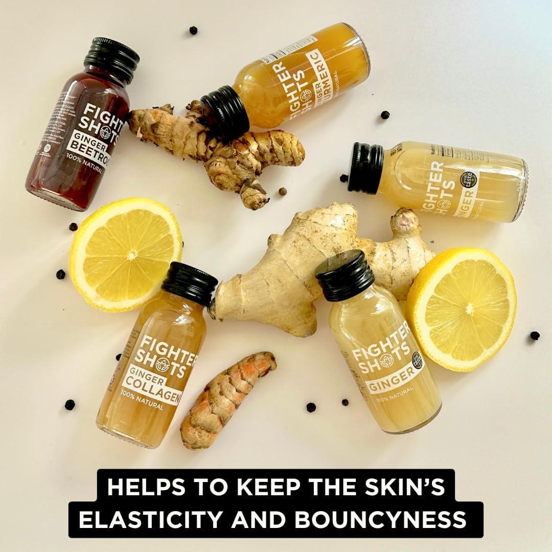 Fighter Shots Shots de collagène marin au gingembre (12 x 60 ml) | Peau et cheveux plus sains | 100 % naturels | Parfait matin/après l'entraînement | Sans conservateurs | Shots de gingembre frais et