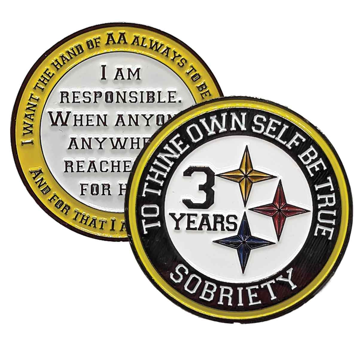 "Black and Gold Recovery Medallion in Years 1-50 with Alcoholics Anonymous Responsibility Pledge" (Year 3)