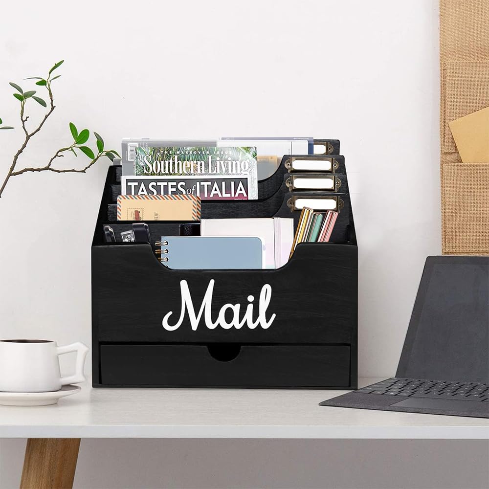 Organizzatore di Posta da Scrivania in Legno con 4 scomparti e cassetto, Organizzatore per Cartelle di Carta e Lettere, Organizer per Cartelle per Scrivania per Lettere Cancelleria, Nero