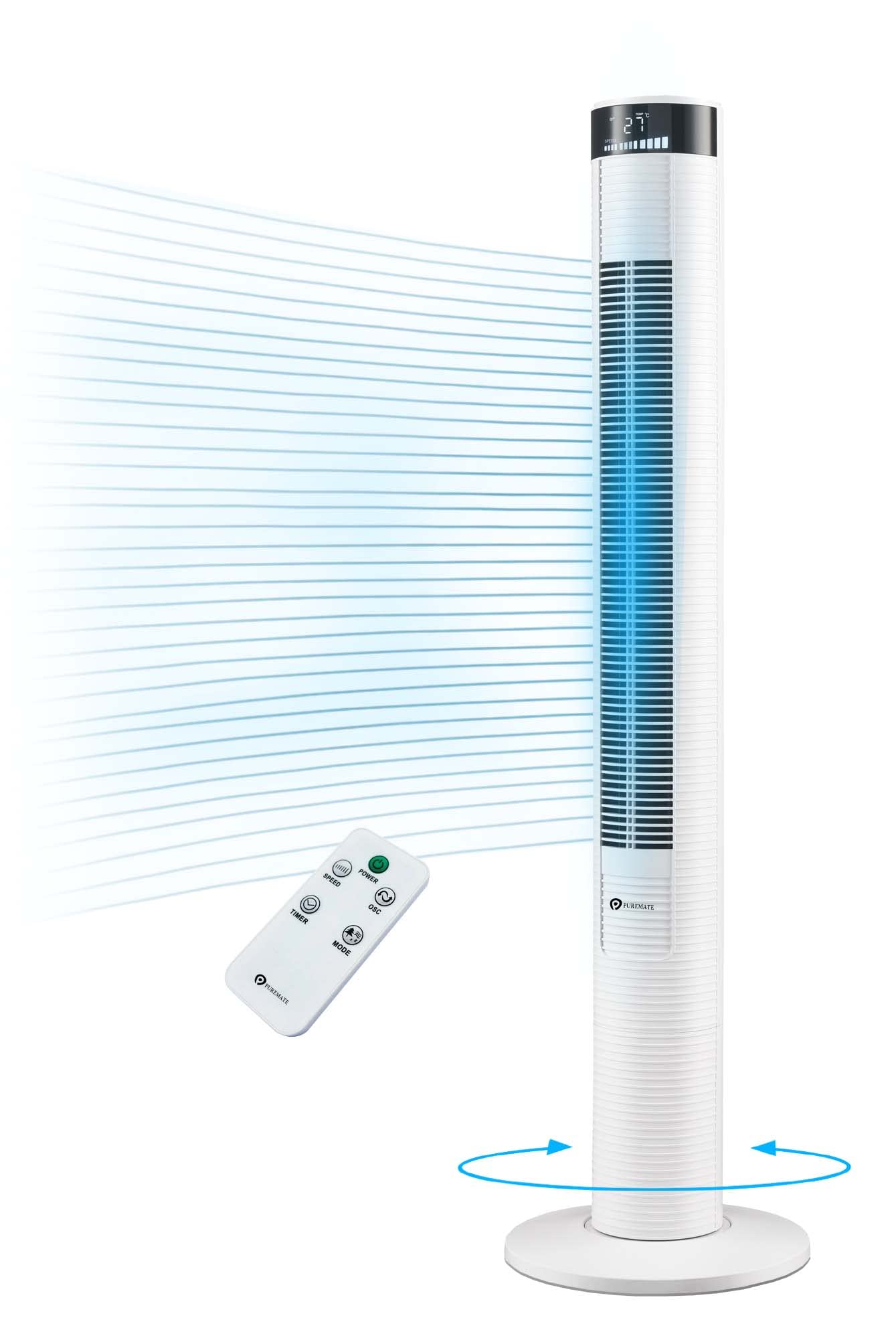 PureMate 46-Inch Tower Fan, Oscillating Cooling Fan with Remote, 3 Speeds, LED Display, 4 Operational Modes,12-H Timer, Portable 45W Quiet Standing Floor Bladeless Fan for Bedroom, Home & Office