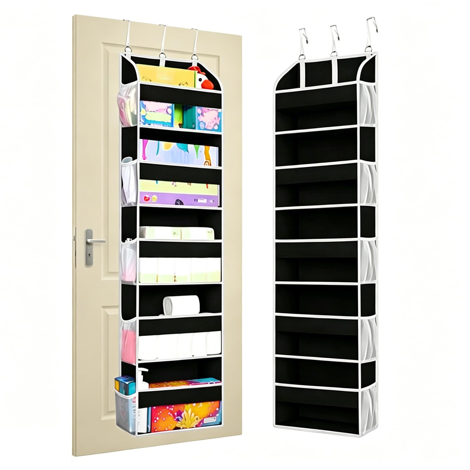 Xnqelerate Door Hanging Storage, Multi-Functional Behind Door Storage, With 5 Large Pockets And 10 Mesh Side Pockets, Space-Saving Household Essentials, For Room, Bathroom, Kitchen (Black)