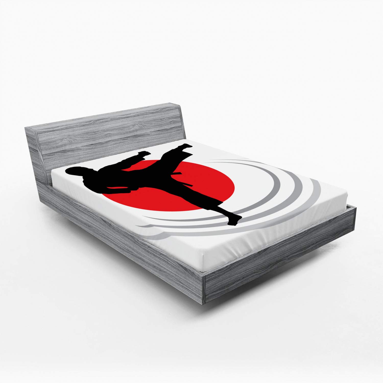 Ambesonne Kung Fu Fitted Sheet, Karate Kicking Man Silhouette on Japanese Flag Inspired Backdrop, Bed Cover with All-Round Elastic Pocket for Comfort, California King, Vermilion Black