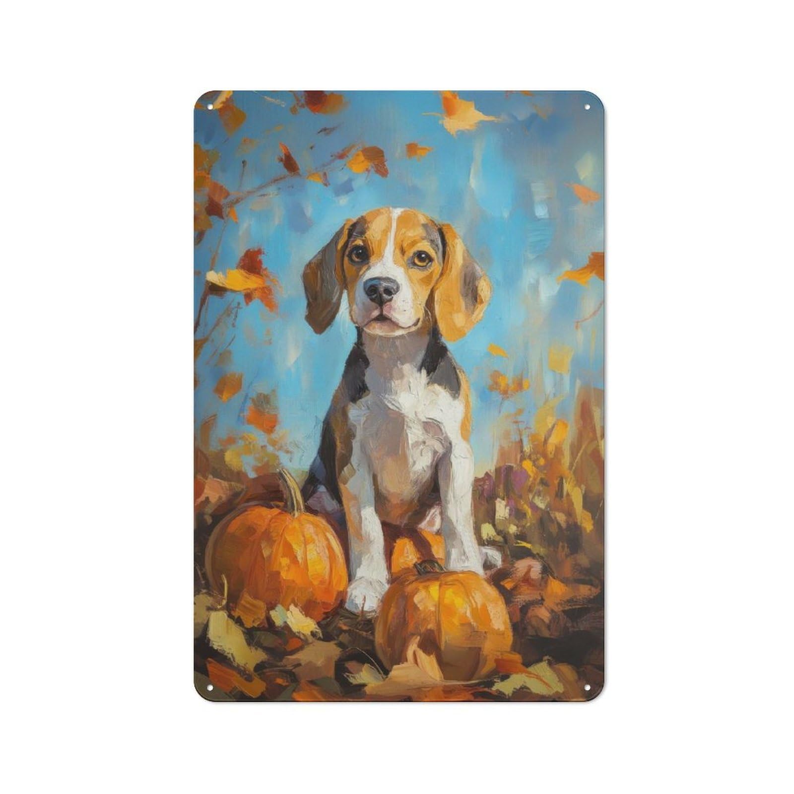 Junmoney Style-19 Beagle Puppy With Pumpkins Painting Fall Dog Portrait Garage Metal Sign 30X20cm, Weathered Look Shed Wall Plaque For Garage, Workshop, Shed Or Utility Room