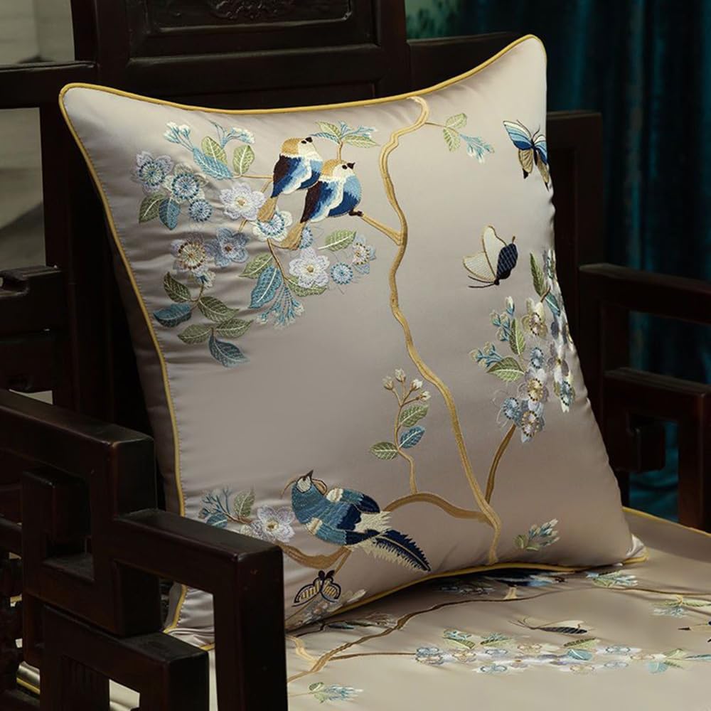 Satin Faux Silk Embroidery Throw Pillow Cover Silky Vintage Chinese Style Cushion Case Couch Bed Living Room Decor 18x18 Inch Grey