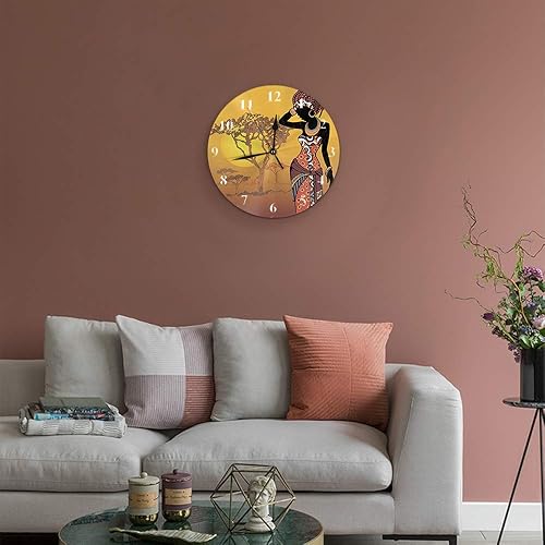 Miniatura 6 de HGOD DESIGNS Reloj de pared redondo para mujer africana, hermoso diseño de mujer africana en la puesta de sol, reloj de pared redondo silencioso