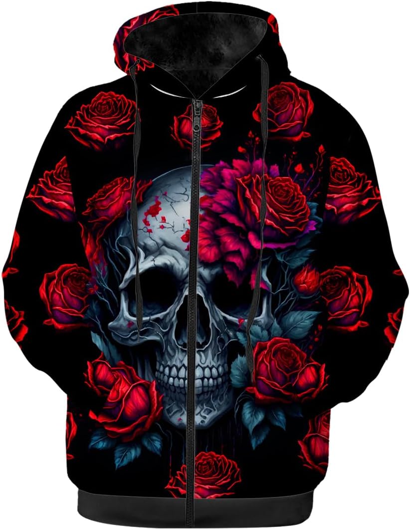 Flower Skull Womens Mens Winter Jacket,Black Fleece Lined Zip-up Hoodie Warm Sweatshirt Coat