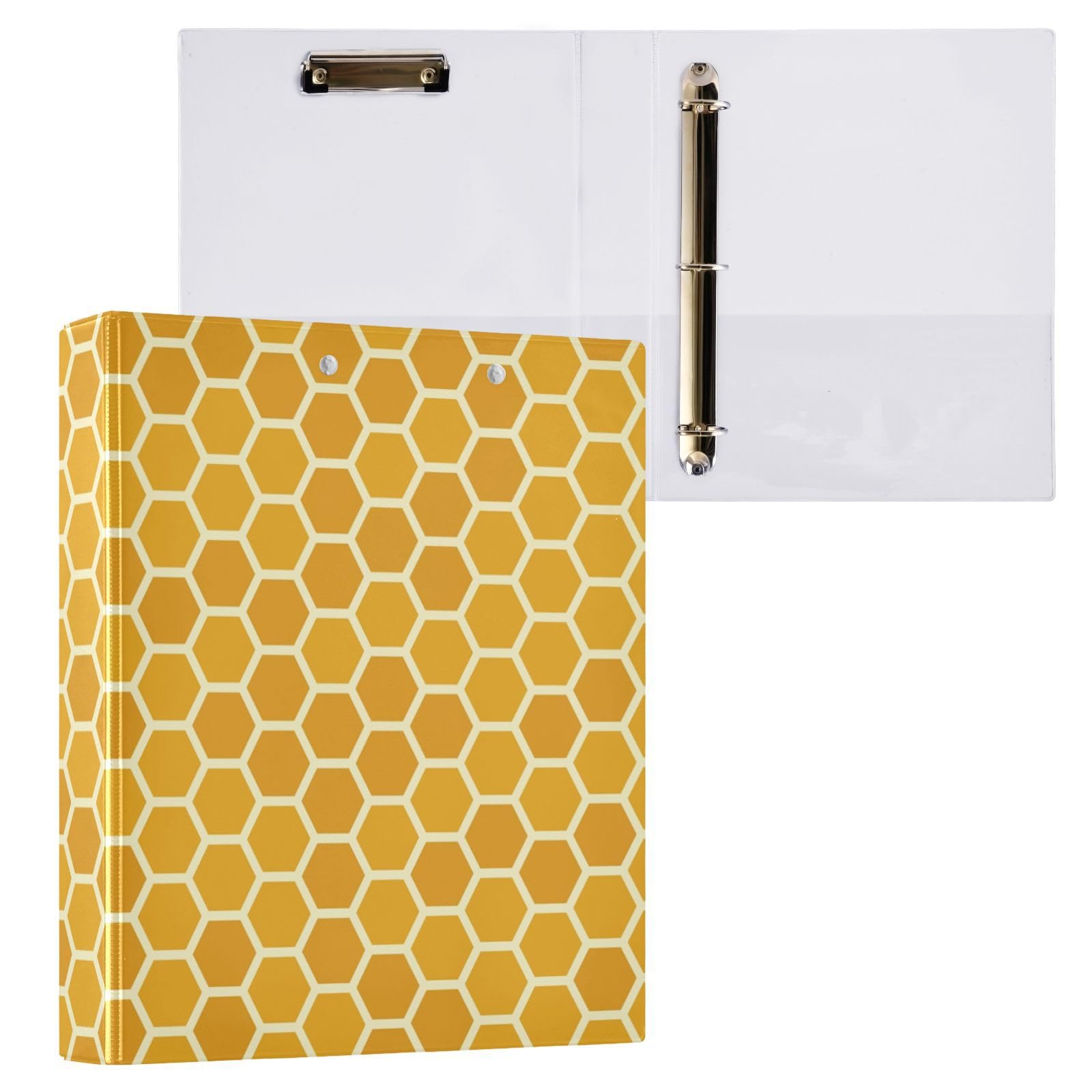 3 Ring Binder Yellow Honeycomb Pattern 1.5 inch Binders Three Ring Binders with Clipboard Fit 8.5'' x 11'' Paper 3 Interior PVC Clear Pockets for Office Supplies