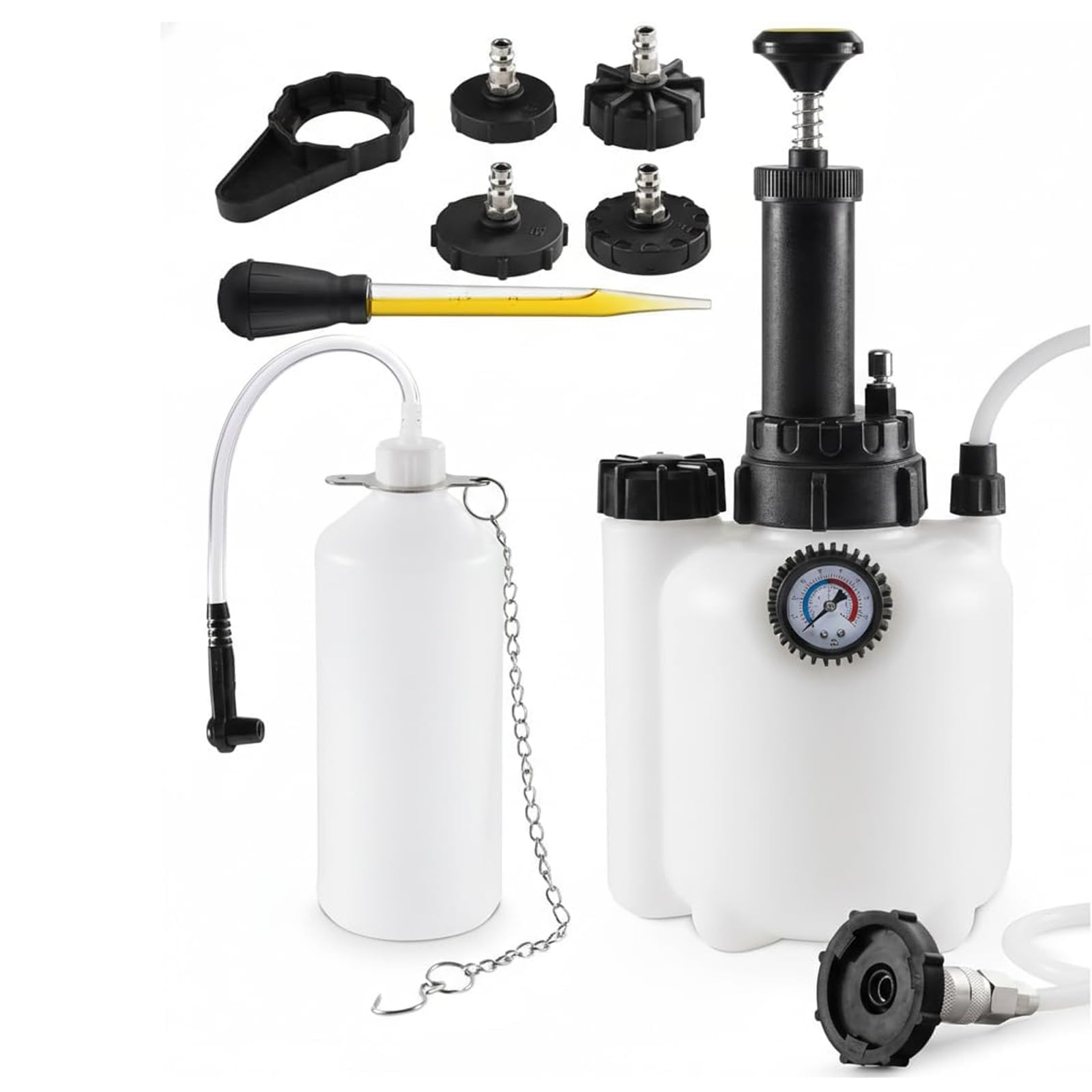 Manuelles Bremsflüssigkeits Entlüftungsset mit 1-Liter Flasche und Mehreren Adaptern, geeignet für die effiziente Wartung von Hydrauliksystemen Kfz Bremsentlüftungsset