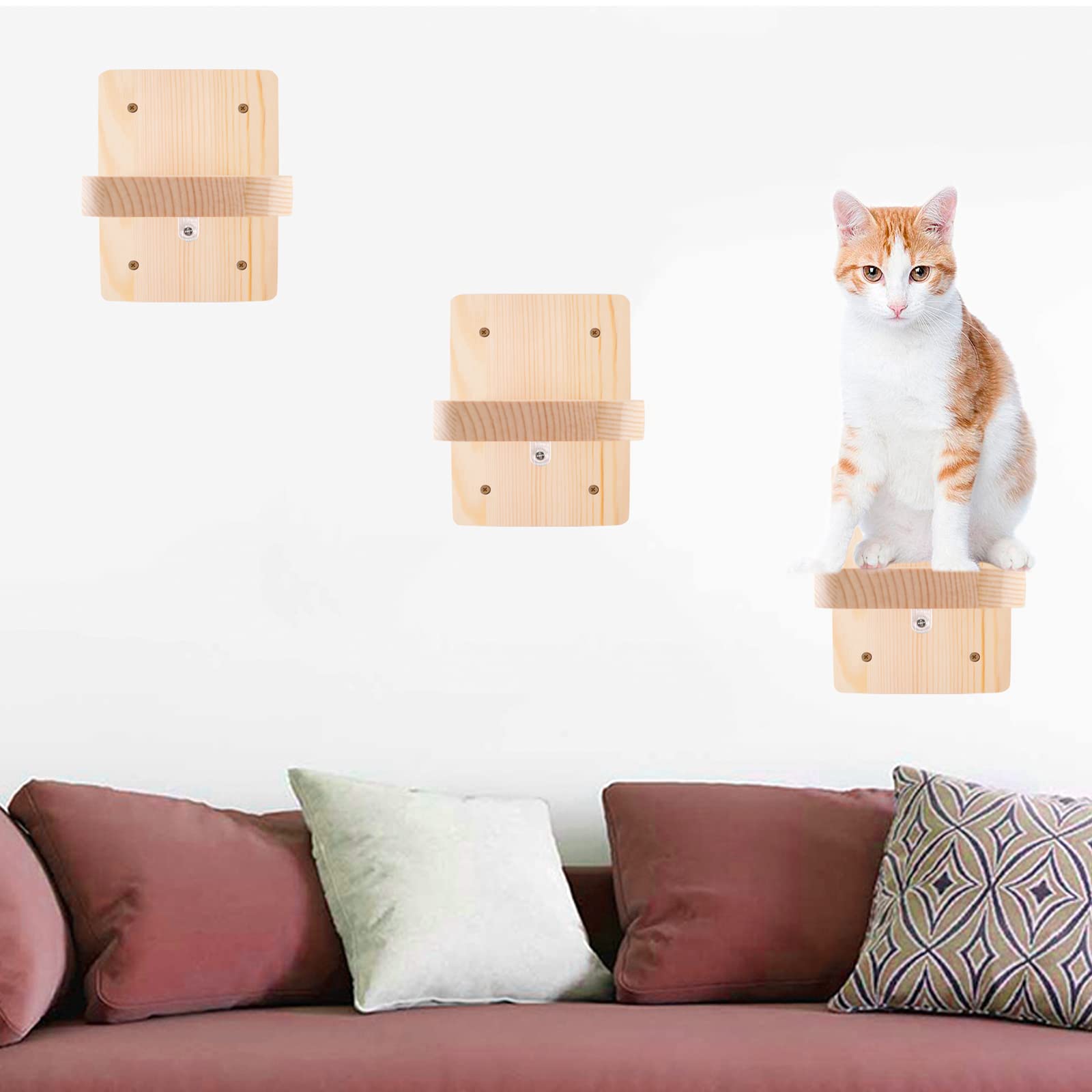 3 PCS Cat Shelves Wall Mounted Wooden Cats Board Shelf, Kitty Activity Wall-Mounted Climber Stairs Kitten Climbing Steps Perch Flat Set, for Climbing & Playing & Lounging & Exercising 4