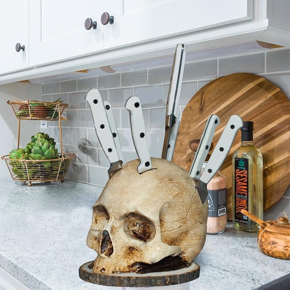 Portacuchillos gótico con forma de calavera, adorno de resina para cocina, organizador de cuchillos para decoraciones únicas en el hogar