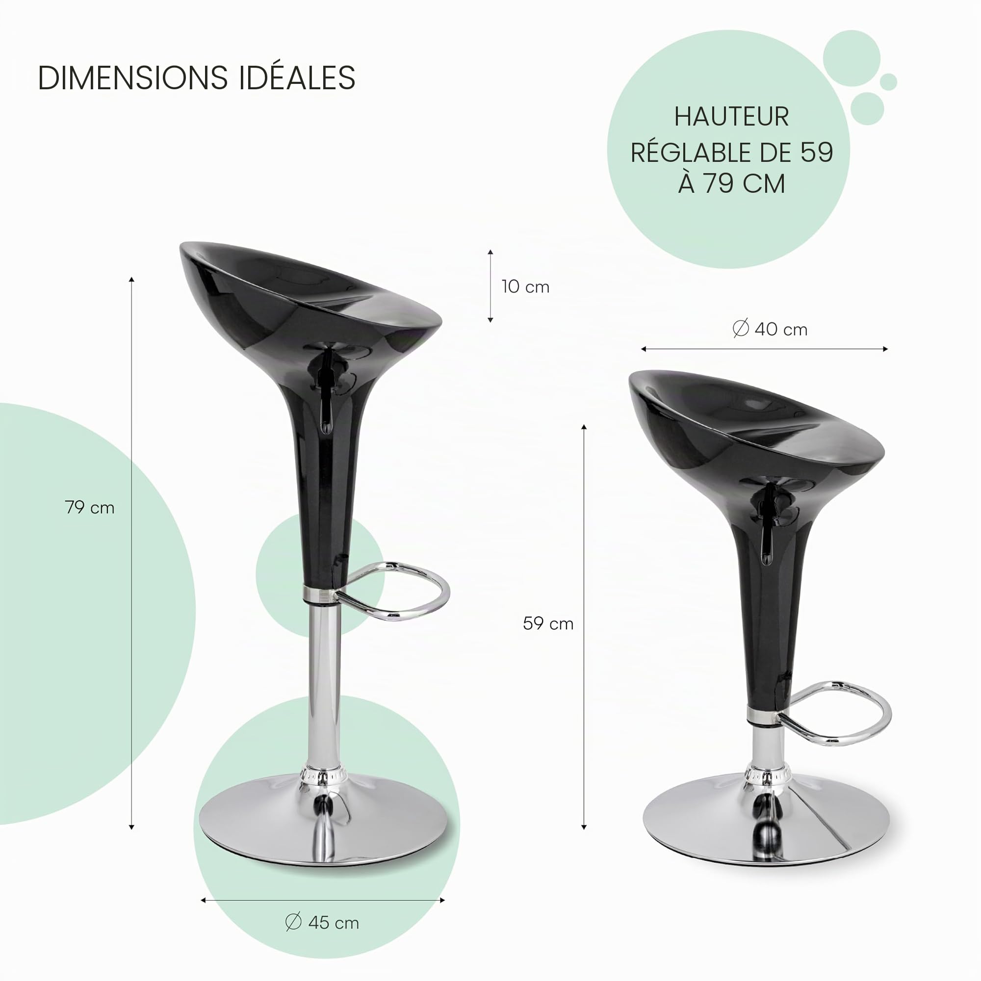 Baroni Home Tabouret de Bar Pivotant avec Hauteur Réglable, Assise en Plastique, Base Chromée avec Repose-Pieds et Fond Anti-Rayures, Tabouret de Cuisine et Péninsule, 40x45x59–79 cm, Noir 1 pièce