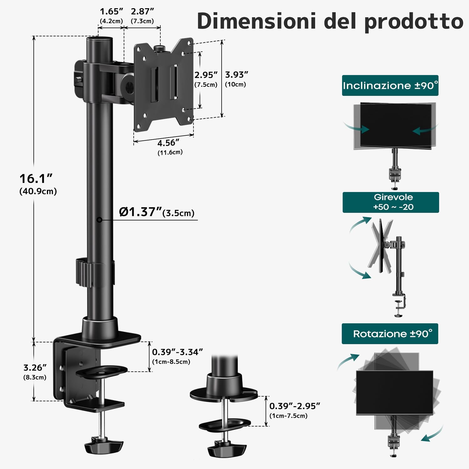 Braccio ultrawide per schermi 17-49 pollici, movimento completo | Acciaio premium, allineamento preciso, gestione cavi, 20 kg per braccio, VESA 75/100, Nero
