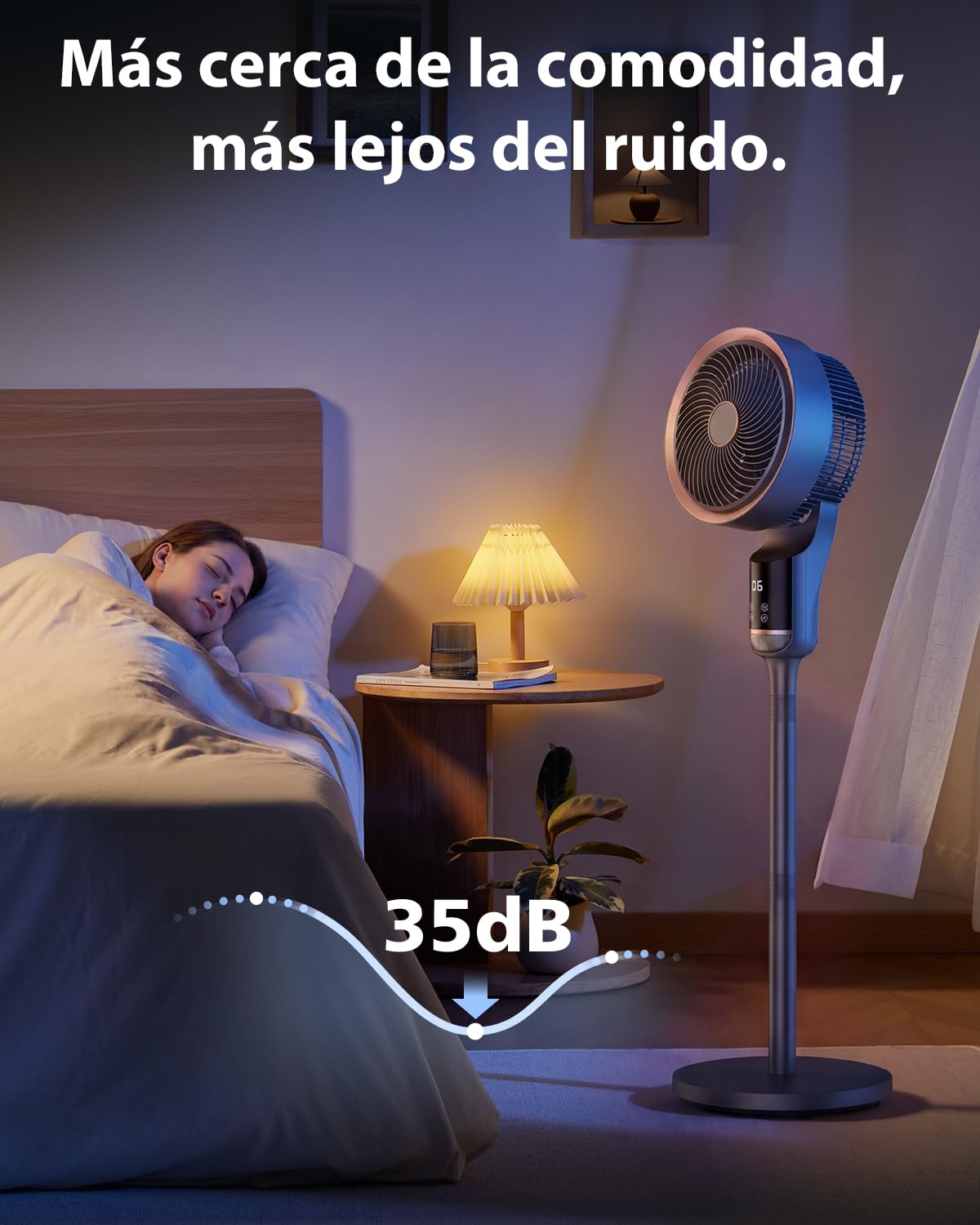 Ventilador de Pie Silencioso 20dB para Dormitorio con Motor DC, 12 Velocidades, 3 Modos, Oscilación 120°+120°, Altura Ajustable 53-110 cm, Temporizador 12 Horas, Mando a Distancia y Flujo de Aire 27m