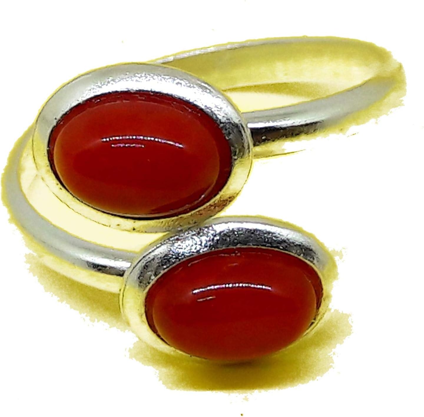 Coral Ring Coral Red Cabochon Double 5 x 7 mm and Silver, Adjustable