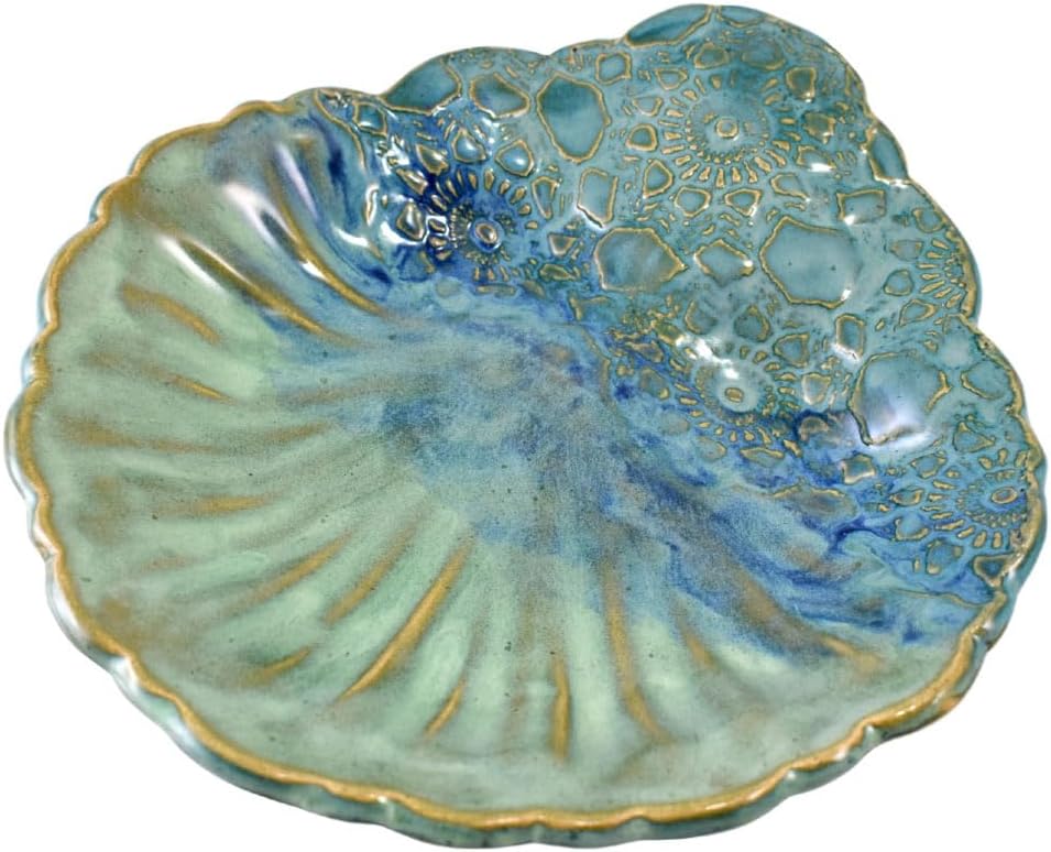 American Made Stoneware Pottery 9" Shallow Scallop Shell Bowl, Ocean Lace Pottery Collection