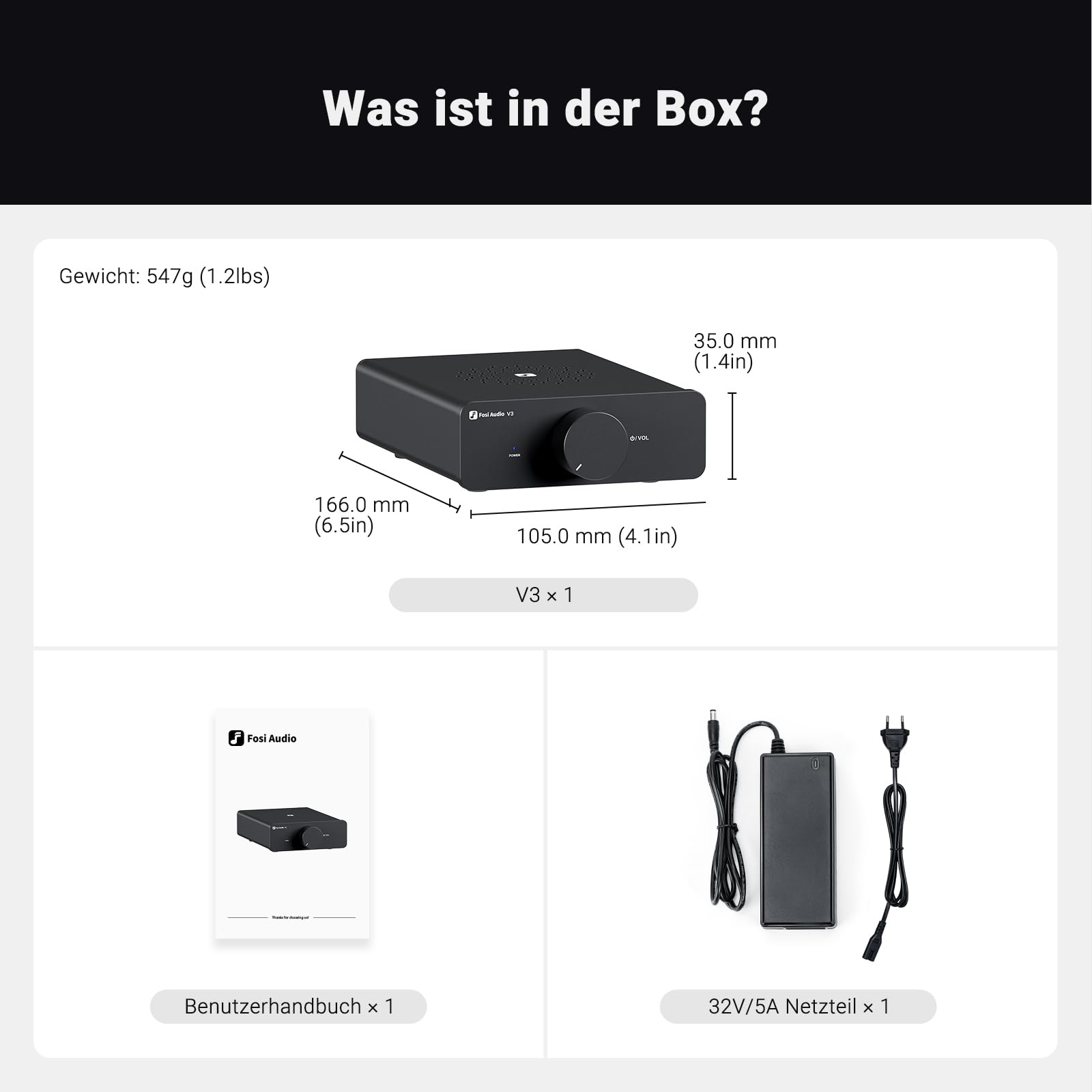 Fosi Audio V3 Hi-Fi Verstärker TPA3255 Klasse D 300 W x 2 Amp 2.0-Kanal-Stereo-Mini-Kompakt-integrierter digitaler Desktop-Verstärker für Heim-Audio Passive Regallautsprecher mit 32-V-Stromversorgung