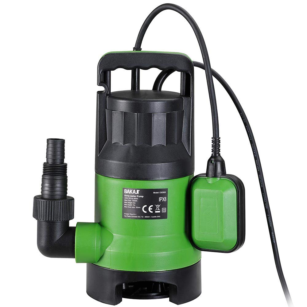 Bakaji Pompa Immersione Elettropompa Sommersa Acque Scure Sporche Potenza 400 W Portata 7000L/h Profondità Massima 7 Metri con Fondo Piatto Maniglia per il Trasporto e Cavo 10 metri (7000 Litri/h)