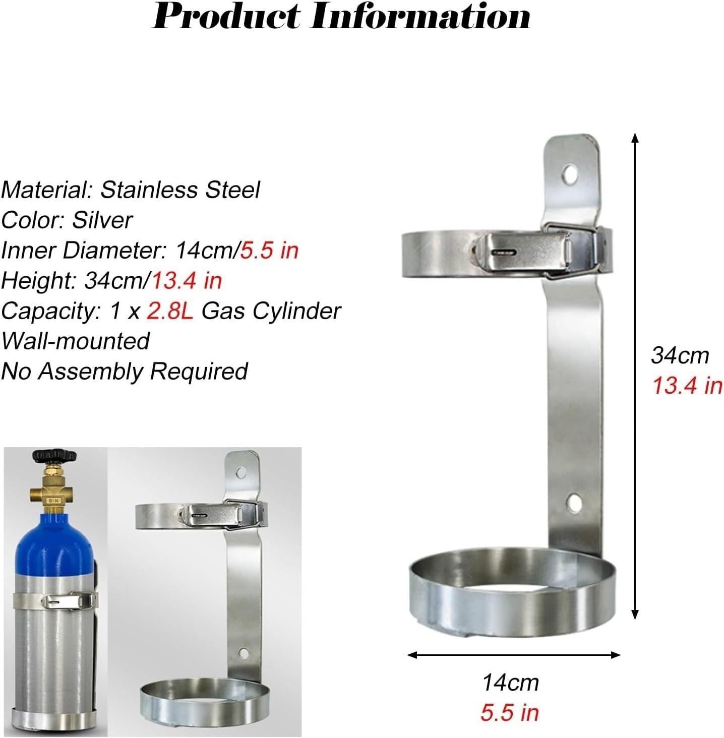 Soporte para botellas de oxígeno de acero inoxidable – Soporte para botellas de gas de 2 L/4 L/11,2/13,4 pulgadas, con hebilla de seguridad y base de una pieza, inoxidable para práctica taller | 14 cm/5.5" (2.8L)
