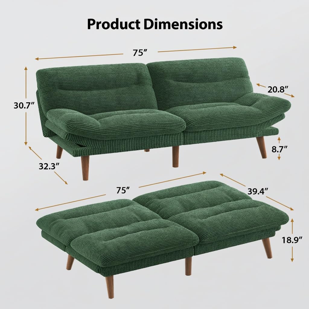 Pipishell 75" Convertible Futon Sofa Bed with Adjustable Armrests, Green | 3-in-1 Sofa, Recliner and Bed, 3-Position Adjustable Backrests, 5-Level Adjustable Armrests, Corduroy Fabric, Small Space Use