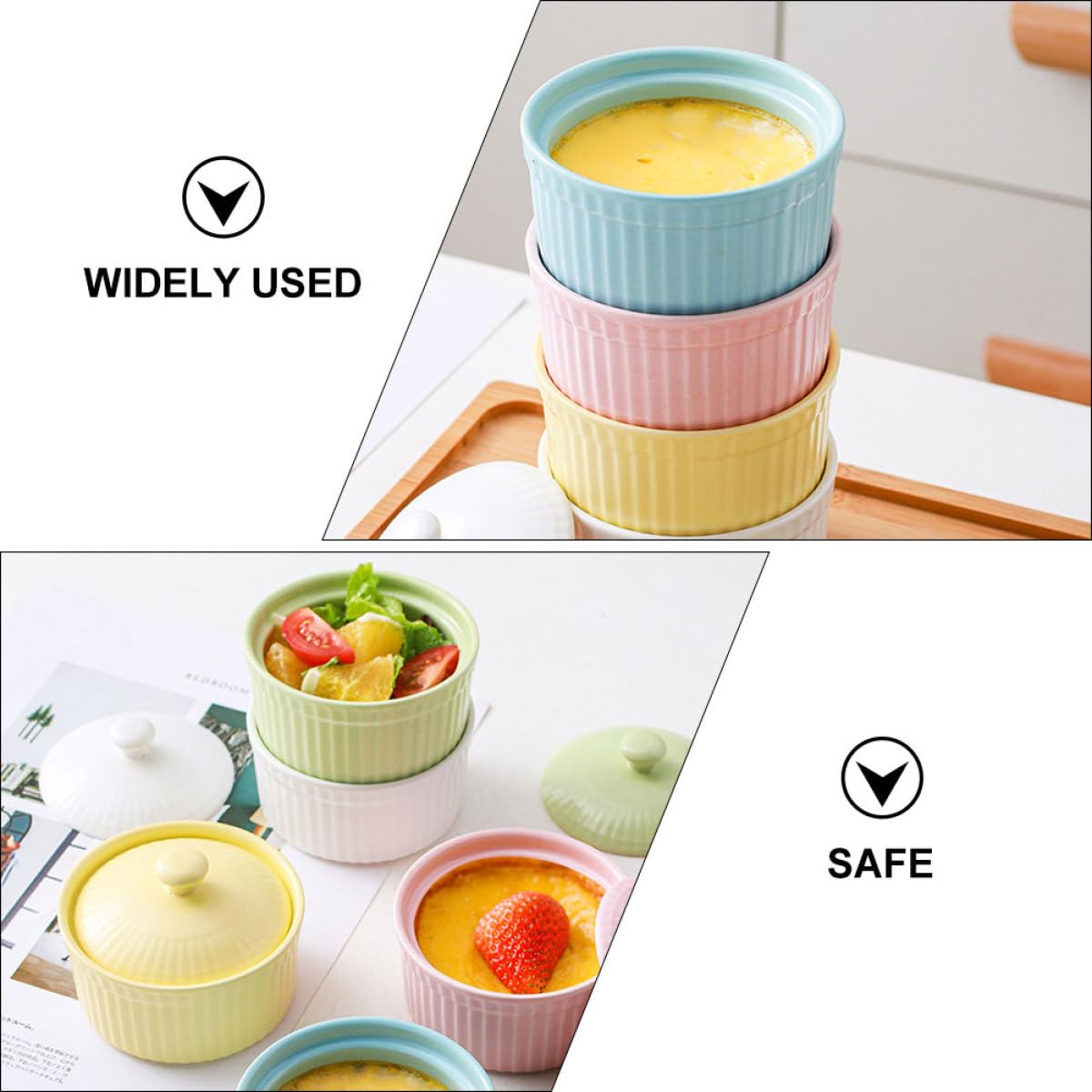 COLLBATH Juego de 5 Tazones de Cerámica para Postres y Pudín con Tapa, Colores Surtidos (,), Aptos para Horno y Microondas, Vajilla Multiusos para Repostería y Cocina Diaria