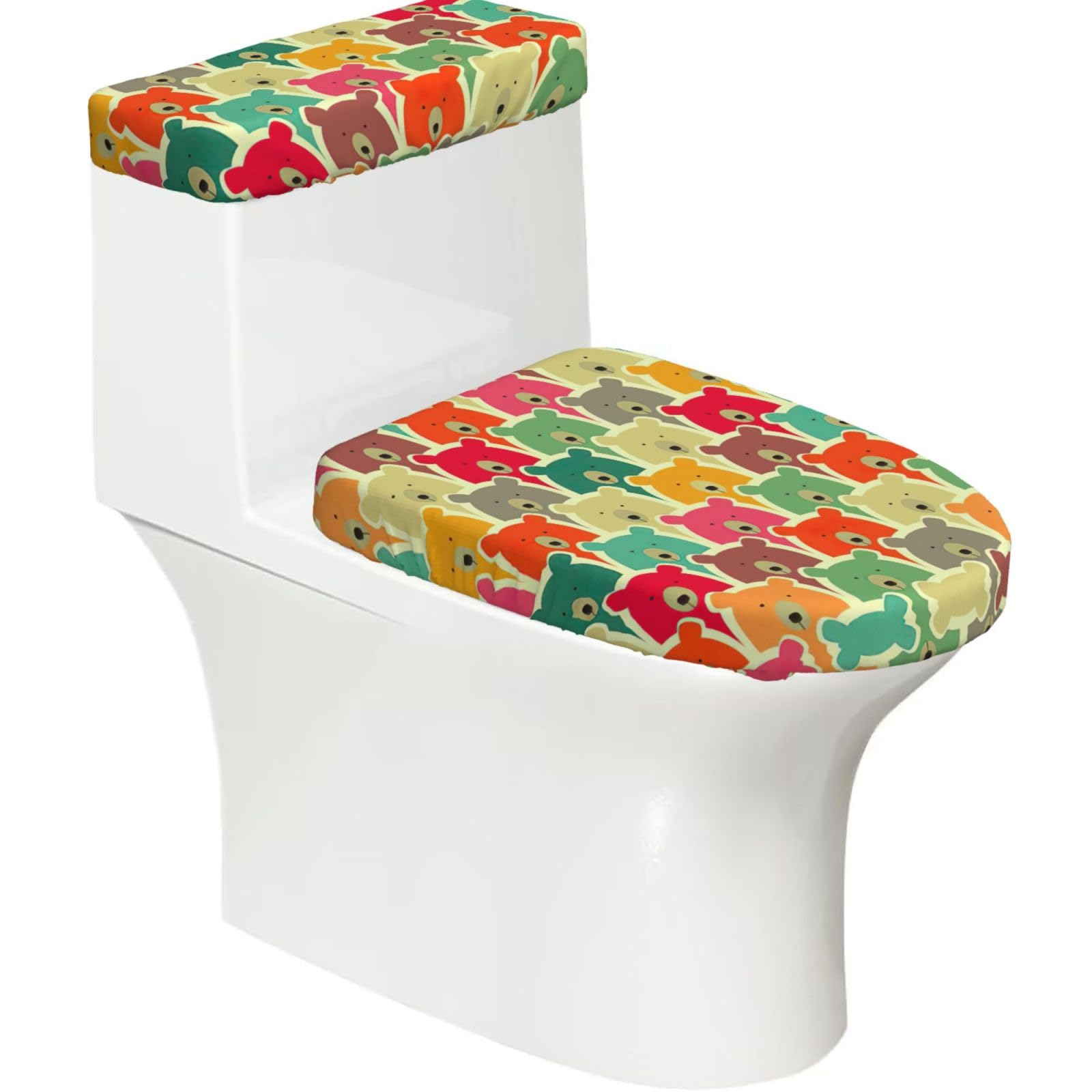 Colorful Bears Printed Toilet Tank and Lid Cover Set of 2 for Most Bathrooms, Fits Elongated Round Toilets
