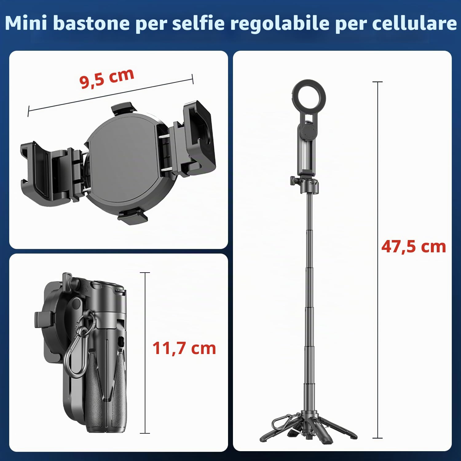 yAyusi Mini Bastone Selfie Magnetico, Treppiede Smartphone Mag-Safe 4 in 1 Piccolo, Dotato di un Supporto per Telefono Staccabile e Luce di Riempimento, Adatto per iPhone/Android/Vlog/Foto/Video