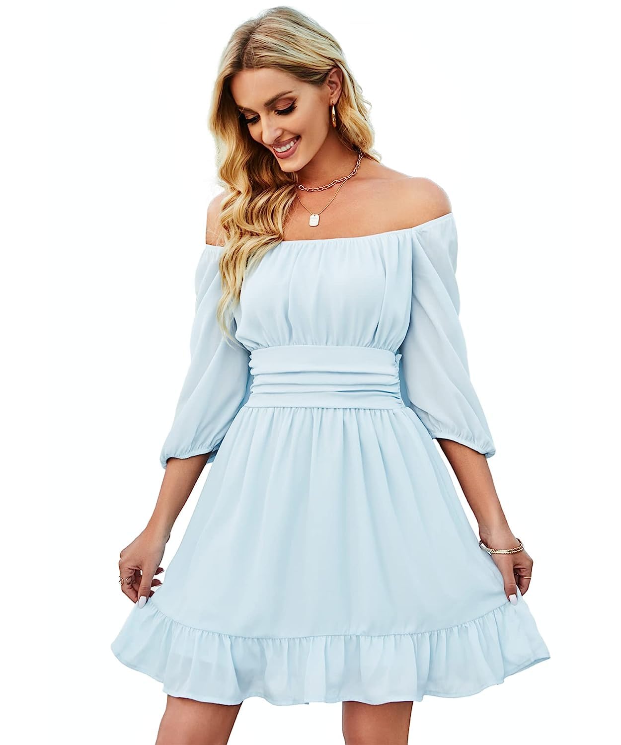 Patlani Western Dresses For Women | Solid Georgette Smock Off Shoulder- Dress | Midi Western Dress For Women.(Off-Sky-L)