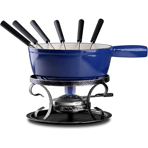 Artestia Swiss Fondue Set – Cast Iron Traditional 2L Cheese & Chocolate Fondue Pot for 4-6 People – Ideal for Melting Cheese, Chocolates, Caramel, & More, Blue