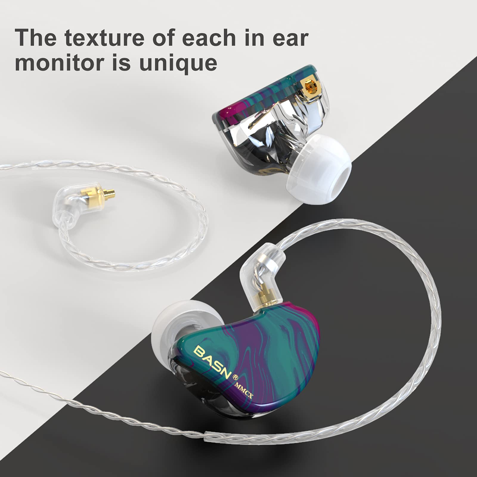BASN MMCX Moniteurs intra-auriculaires à triple pilote avec basses riches, écouteurs HiFi stéréo IEM avec câbles amovibles améliorés pour audiophiles musiciens (Aurore violet)