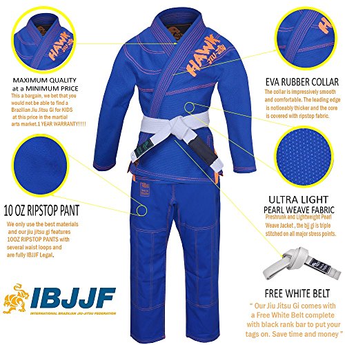 Brazilian Jiu Jitsu, Kids Jiu Jitsu Gi Children BJJ Gi Grappling Kimonos Lightweight with Free White Belt (K3, Blue) - Thumbnail 4