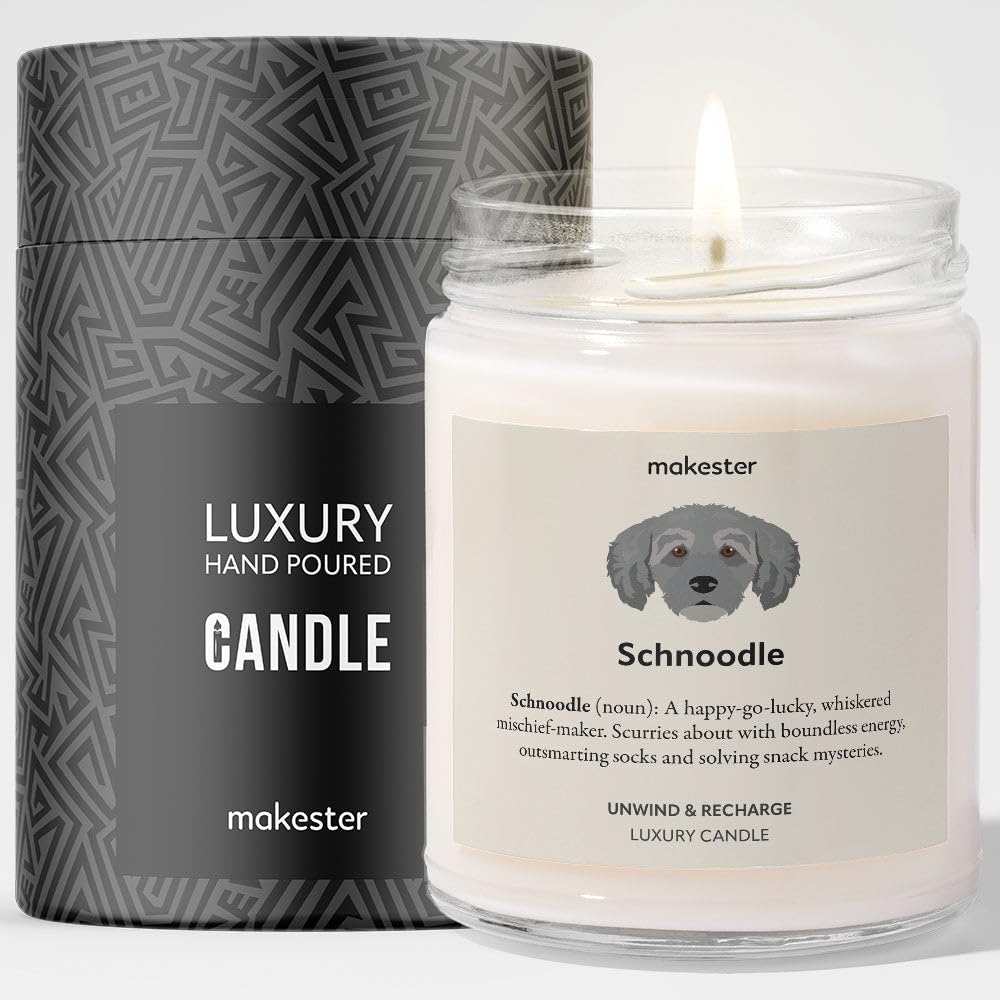 Makester White Schnoodle Gifts - Luxury Soy Wax Candle - Vanilla, Jasmine, Sugared Almond