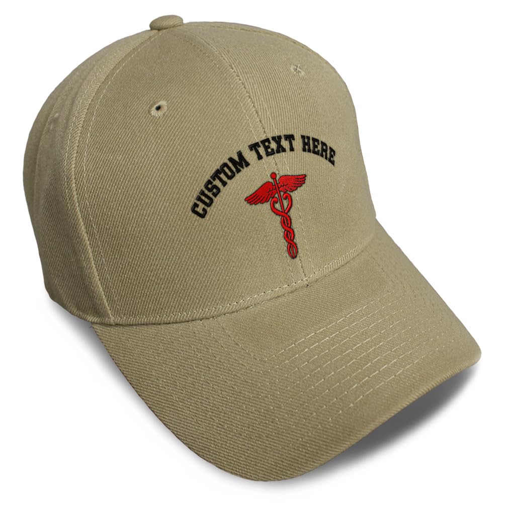 Custom Baseball Caps for Men & Women Embroidered Red Medical Caduceus Symbol Embroidery Ladies & Men Baseball Hats Acrylic Khaki Personalized Text Here