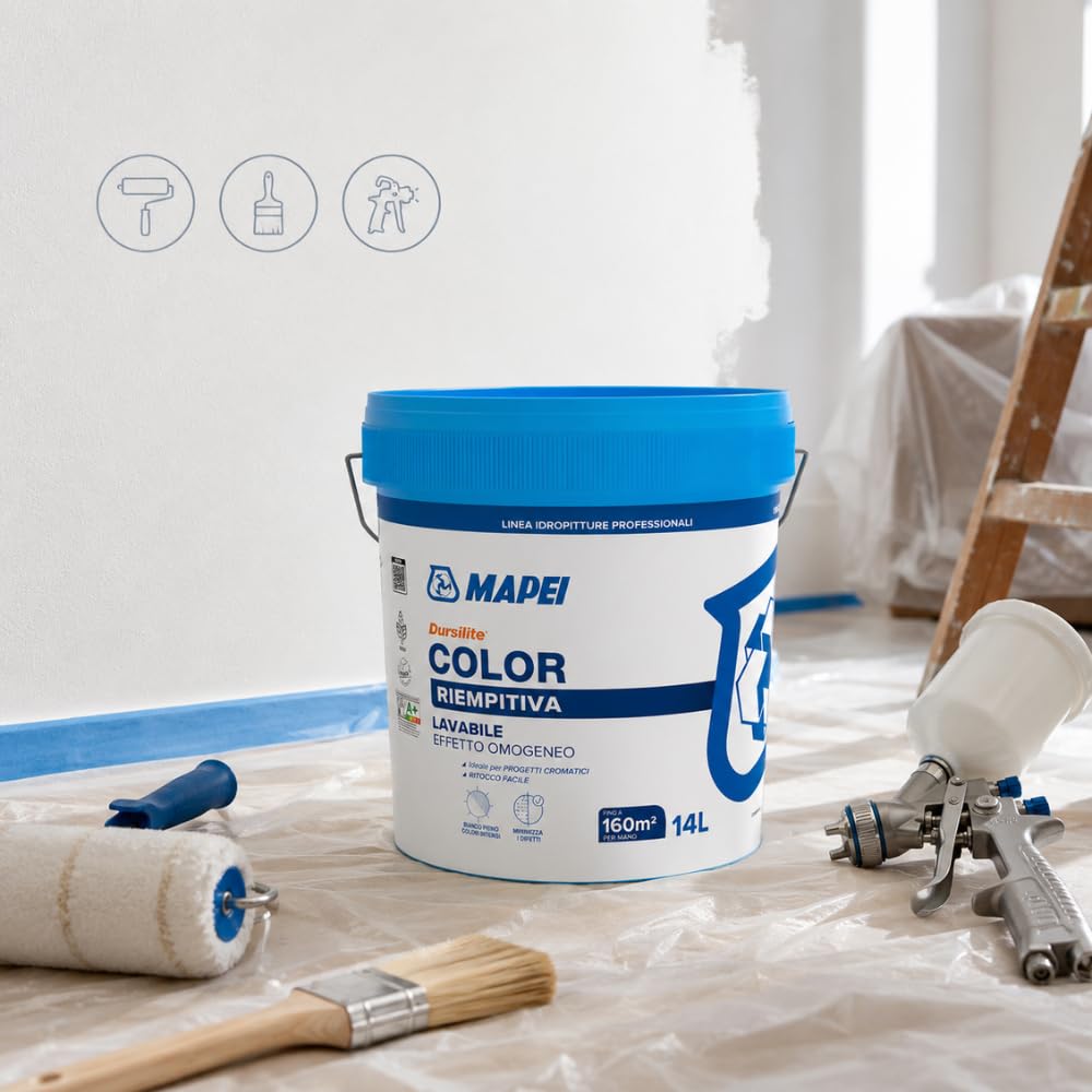 MAPEI Dursilite Color Idropittura Murale Riempitiva Lavabile per Interni, Bianco, Finitura Opaca, Professionale, 14 L