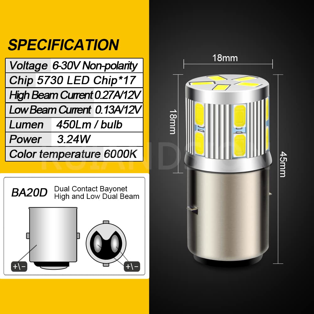 Ampoule LED BA20D Ruiandsion Pour Phare De Moto - Super Lumineuse 600 Lm, Jaune, 6-24V, Double Faisceau Haut/bras, 12 Puces 5730 Phare Moto Led