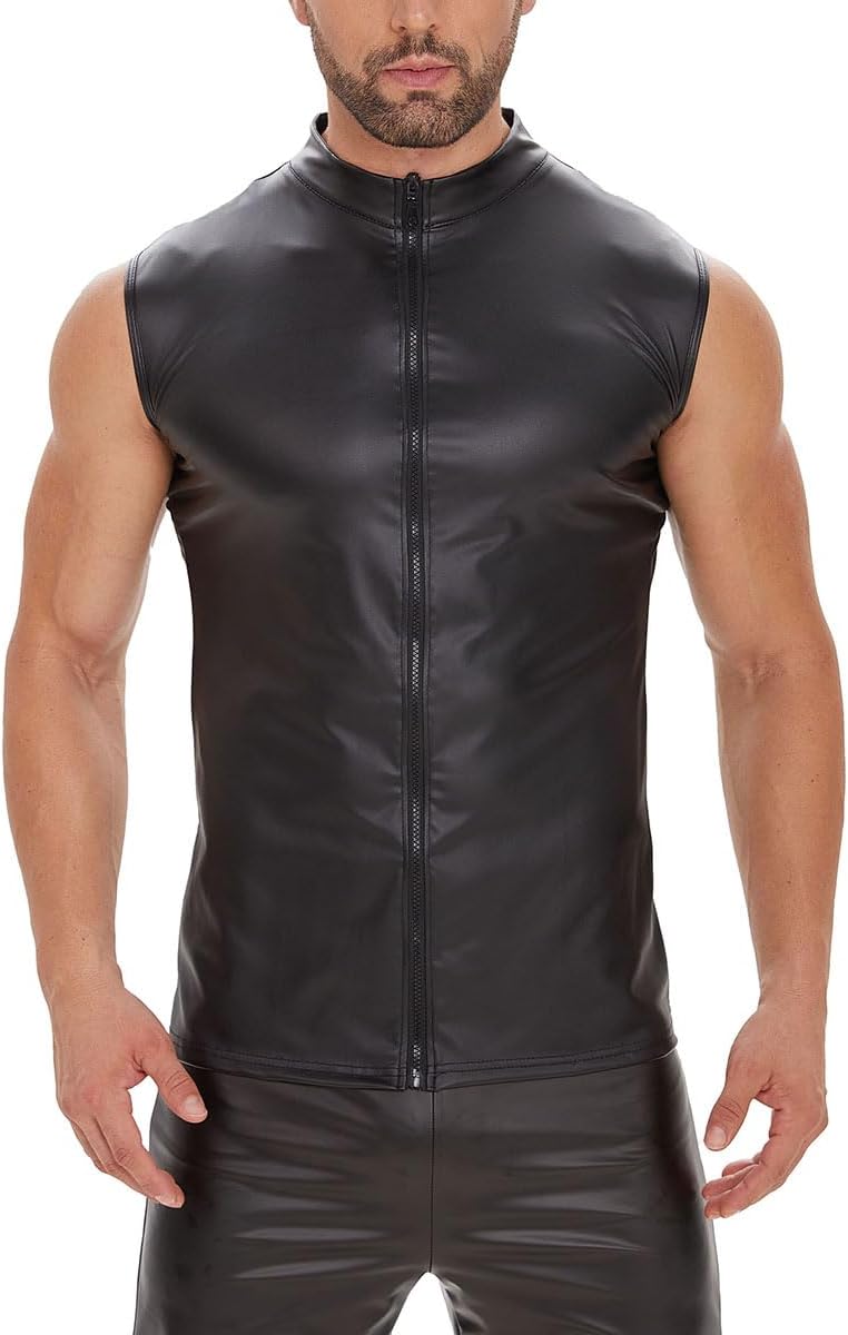 Men Sexy Leather Tank Top, Soft Matte, Plus Size, Male Shiny Vest, Black - Image 5