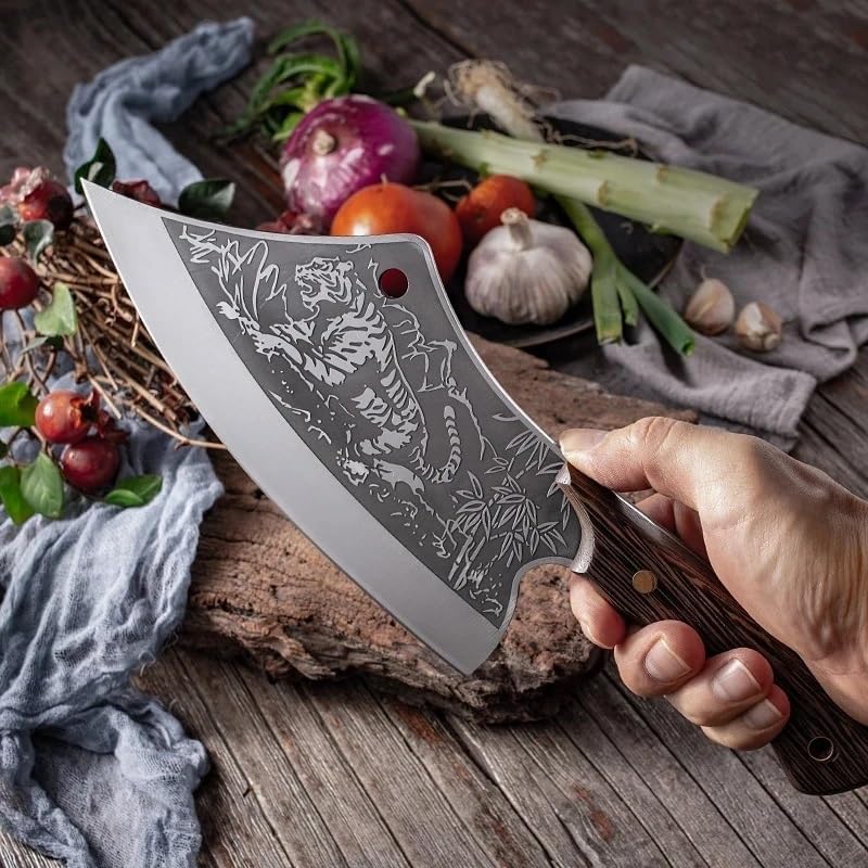 Meat Cleaver, Forged stainless steel tiger grain kitchen knife Cleaver Sharp blade slicing knife Wooden handle axe meat cleaver Kitchen knife