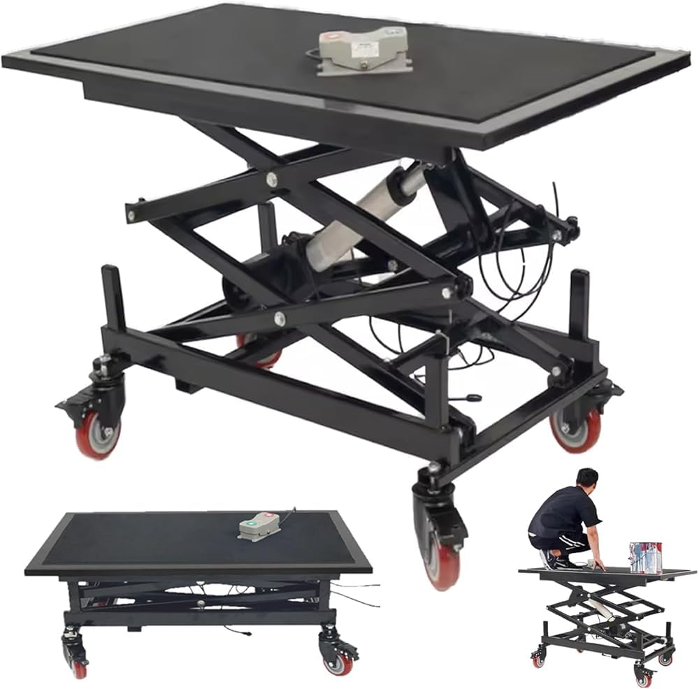Tavolo elevatore Idraulico, Piattaforma elevatrice elettrica a Forbice con 4 Ruote, Altezza Regolabile da 37 a 120 cm, Portata 180 kg, Ideale per Scooter e sedie a rotelle.