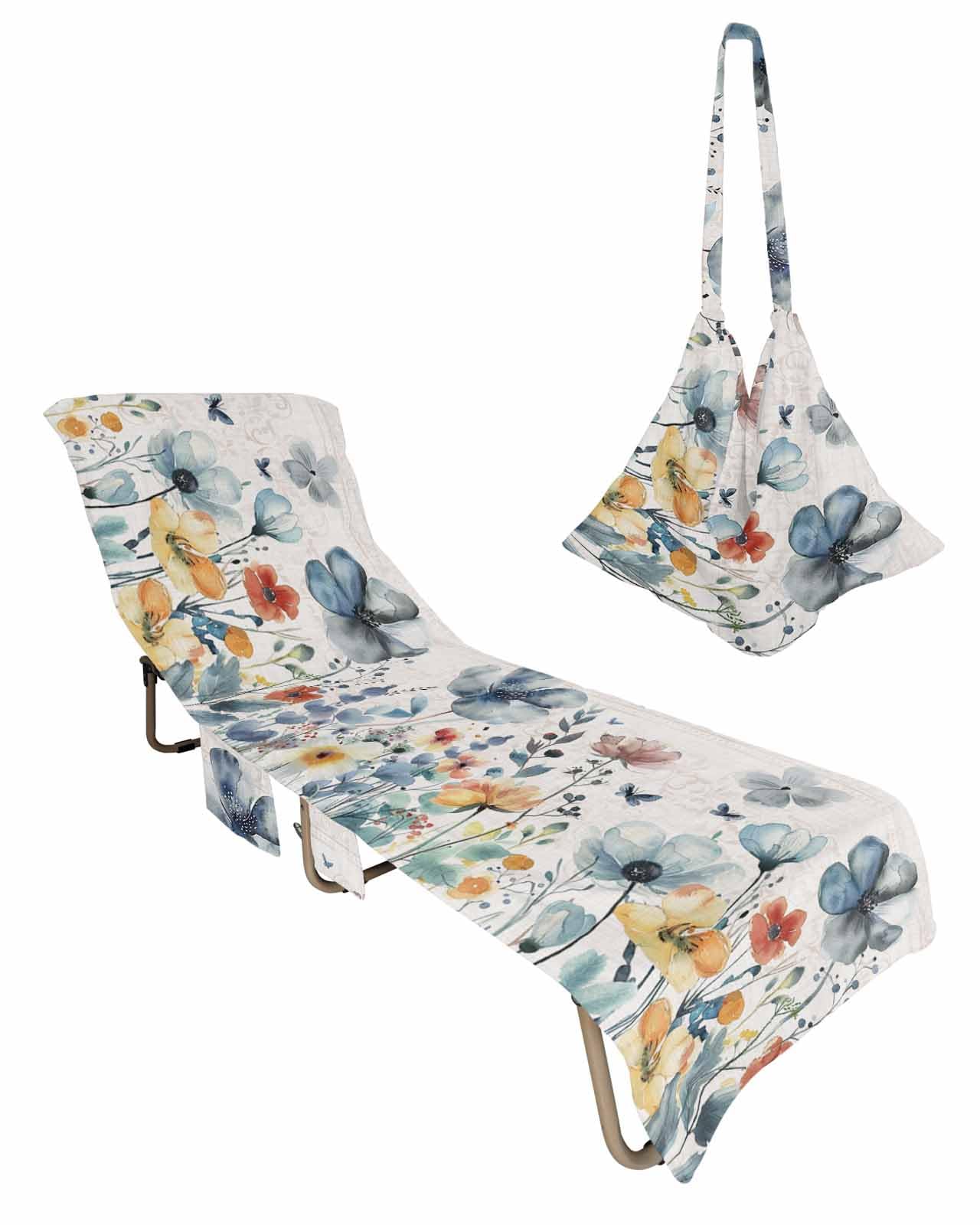 Floral Blue Beach Chair Cover with Side Pockets, Microfiber & Quick Dry Pool Chaise Lounge Chair Towels Covers for Sun Sunbathing Patio Garden Hotel, Retro Botanical Eucalyptus Leaves Traditional Boho