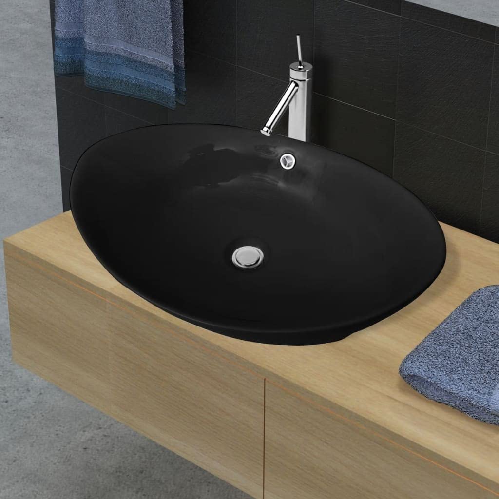 Lussuoso lavandino ovale in ceramica, nero, con troppopieno, 590 x 385 x 190 mm, per bagno e WC degli ospiti, ristrutturazione e installazione salvaspazio