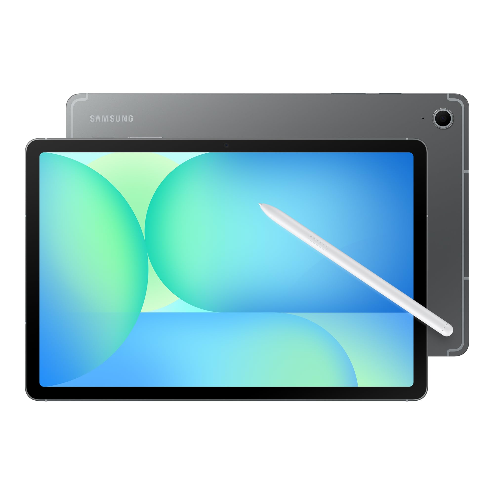 The Samsung Galaxy S10 FE tablet in Grey, showcasing its sleek profile and included S Pen.