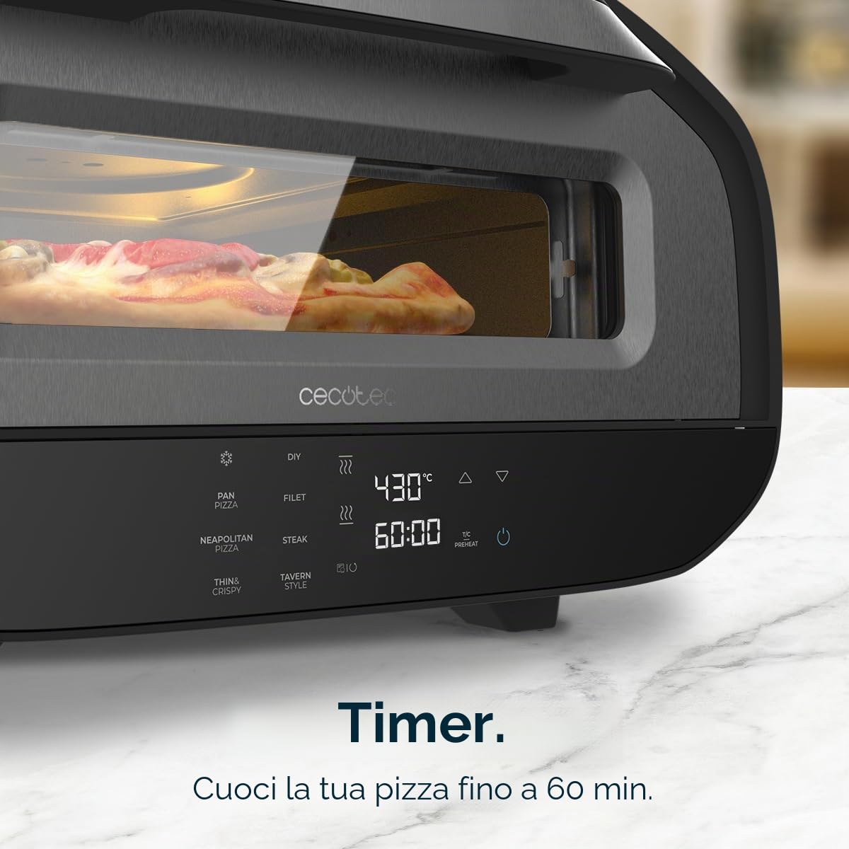 Cecotec Forno Elettrico per Pizza con Finestra Pizza&Co Tifosi. 1700W, Capacità 12 Litri, Controllo Digitale, Acciaio Rivestito, 8 Funzioni, Timer, Temperatura 80°C - 430°C, Luce Interna