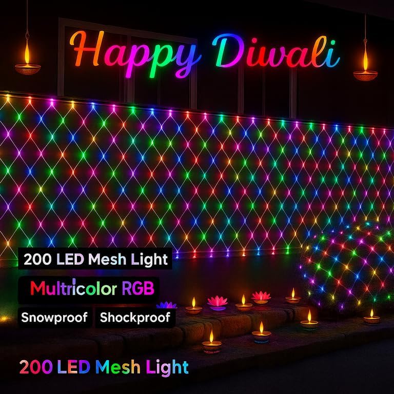 Image of K D LED Net Mesh String Lights - 192 LEDs, 9.8Ft x 6.6Ft, Warm Multi, 8 Modes, IP44 Waterproof, Connectable for Diwali, Navratri, Christmas Big String net mesh Multi