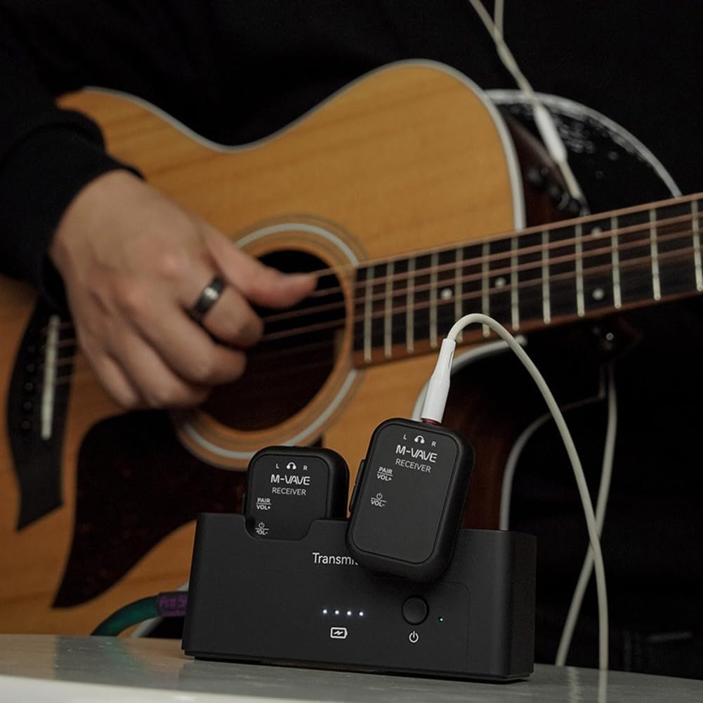 Sistema di monitoraggio auricolare wireless per M-VAVE WP-12, trasmettitore audio senza perdita di 24 bit/48 kHz con portata di 30 m, ricevitori da 1 a 2, batteria 24H