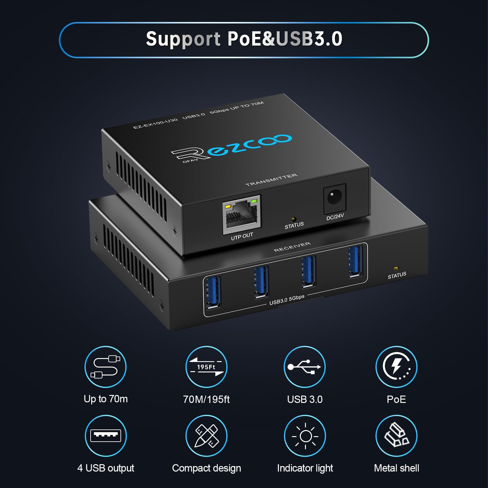 Estensore USB 3.2, 70 m, 4 porte su Cat5e, Cat6, RJ45, LAN, POE, 5 V, a basso consumo energetico, prolunga USB, Ethernet, sincronizzazione lavoro, Windows, MacOS, Android, Linux, senza driver